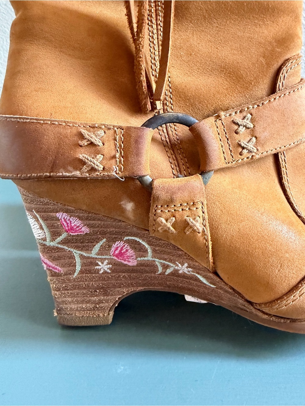 Seychelles Tan Leather Wedge Heel Cowboy Boots Floral Embroidery - Picture 4 of 12